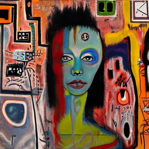 Image similar to artificial intelligence oil painting by klimt and graffiti by Jean-Michel Basquiat and airbrush by H.R. Giger and photo by Man Ray