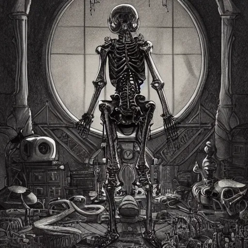 Image similar to skeleton wearing headphones, watching girl playing guitar while her black cat standing next to her, detailed intricate ink illustration, dark atmosphere, detailed illustration, hd, 4k, digital art, overdetailed art, by greg rutkowski, by loish, complementing colors, Trending on artstation