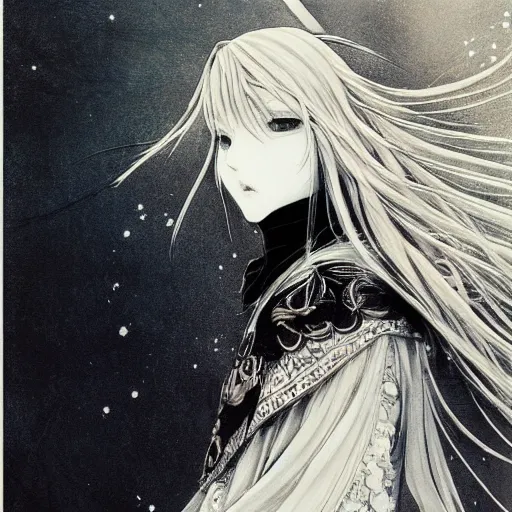 Prompt: Yoshitaka Amano blurred and dreamy illustration of an anime girl with detailed face, eyes wide open, wavy white hair fluttering in the wind and cracks on her face wearing Elden ring armour with engraving, abstract black and white patterns on the background, noisy film grain effect, highly detailed, Renaissance oil painting, weird portrait angle, blurred lost edges, three quarter view