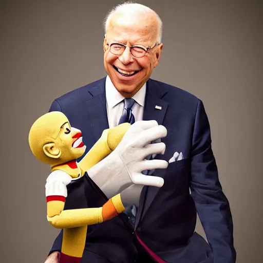 Image similar to UHD candid color photo of (Nazi Klaus Schwab) holding a (ventriloquist dummy of Joe Biden), accurate faces, UHD, photorealistic, correct face, photo by Annie Leibowitz