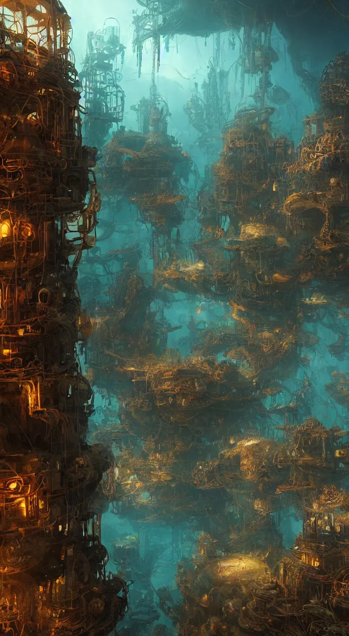 Prompt: underwater city that resembles steampunk man o war jellyfish, james gurney, thomas kinkade, cinematic lighting, artstation, vibrant nature, tuomas korpi, tekkon kinreet, volumetric light, artstation, octane render, redshift render, low angle camera, rich deep moody colors