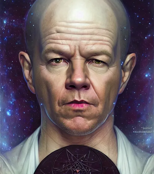 Image similar to A Magical Portrait of Mark Wahlberg as Aleister Crowley the Great Mage of Thelema, art by Tom Bagshaw and Wayne Barlowe and John Jude Palencar