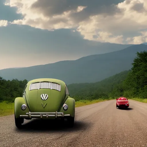 Prompt: promotional scifi - mystery movie scene of a ( volkswagen beatle ) and ladybug hybrid. racing down a dusty back - road in smokey mountains tennessee. cinematic, 4 k, imax, 7 0 mm