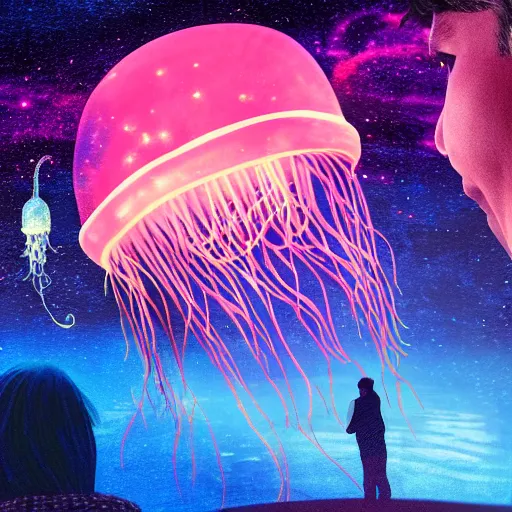 Image similar to over the shoulder photo of a man watching a giant aquarium, magic glowing jellyfish in glowing cosmic stardust, colorful stars, galaxies, space, award winning photo, intricate, high detail, atmospheric, desolate, artstation