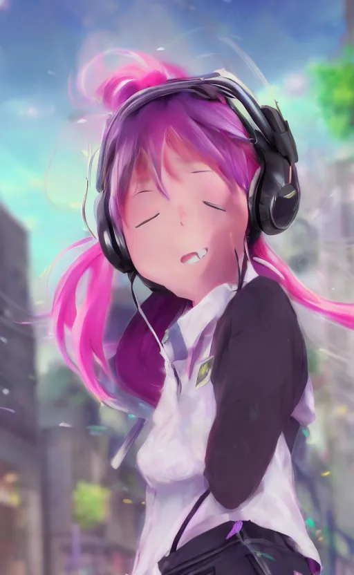 Image similar to anime girl with pink ponytail, wearing purple headphones, wearing a green sweater, with a smile on her face and her eyes closed, walking down a street, dynamic lighting, photorealistic fantasy concept art, trending on art station, very detailed, anime concept art, stunning visuals, creative, cinematic, ultra detailed