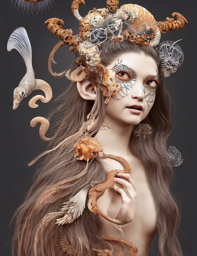 Image similar to 3 d goddess half - turn portrait with long hair with ram skull. beautiful intricately detailed japanese crow kitsune mask and clasical japanese kimono. betta fish, jellyfish phoenix, bio luminescent, plasma, ice, water, wind, creature, artwork by tooth wu and wlop and beeple and greg rutkowski