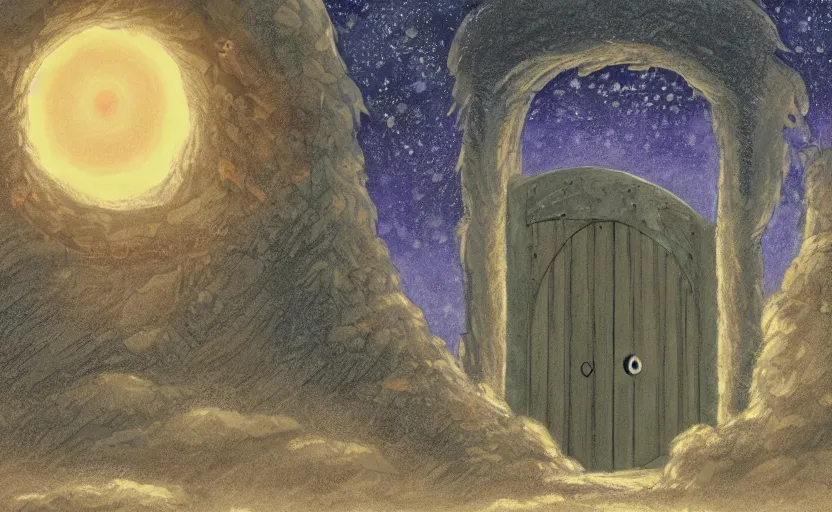 Prompt: a cell - shaded studio ghibli concept art study of a square dimensional portal doorway in egpyt on a misty starry night. water is flowing out of the mouth of the portal. very dull colors, hd, 4 k, hq