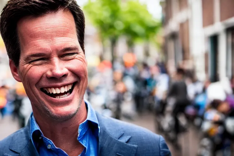 Prompt: closeup portrait of mark rutte laughing in an amsterdam street, natural light, sharp, detailed face, magazine, press, photo, steve mccurry, david lazar, canon, nikon, focus