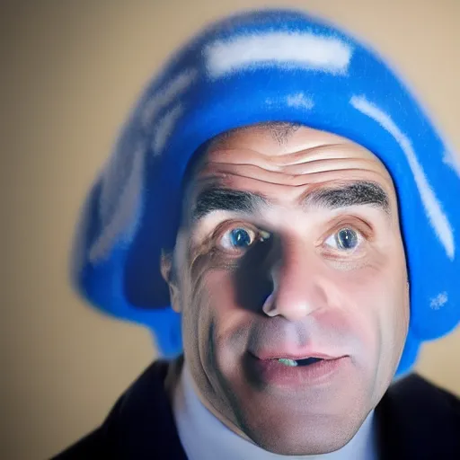 Prompt: candid portrait of israeli prime minister yair lapid wearing a smurf hat by annie leibovits