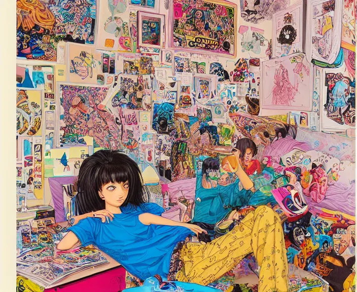 Image similar to highly detailed colorful illustration of a teenager in her room in the 9 0's, clean shaped illustration by kim jung gi, ron english and eiichiro oda