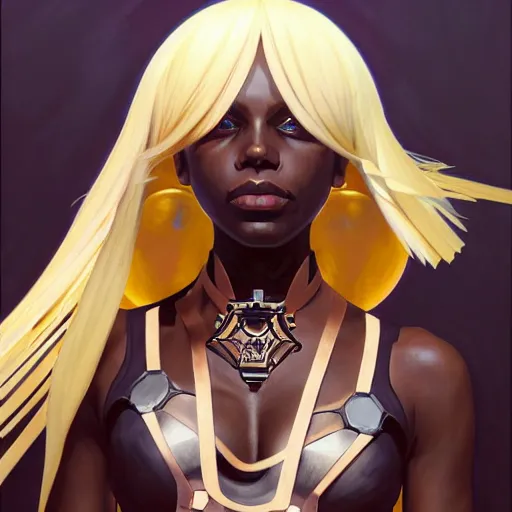 Image similar to Character Portrait of Ramlethal Valentine of Guilty Gears surrounded by geometric nodes, face, fantasy, intricate, elegant, highly detailed, digital painting, artstation, concept art, smooth, sharp focus, illustration, art by Gregory Manchess and Fernanda Suarez and Artem Demura and alphonse mucha