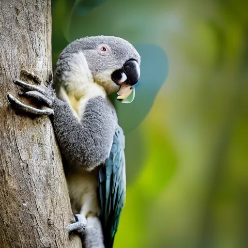 Image similar to award winning nature photograph of a parrot's beak on a koala in a tree. the koala is eating a eucalyptus leaf. focus on the beak. extreme detail, hyperrealistic photo, smooth, trending on artstation