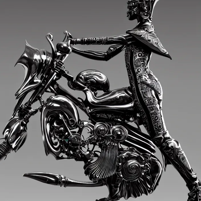 Image similar to fine art statue of masculine black egyptian god on a surrealist motorcycle, ebony art deco, carved black marble, inlaid with ebony and gold accents, ebony rococo, wings black lace wear, sculpted by spider zero, zaha hadid, beautifully lit, hyper detailed, intricate, elite, ornate, photorealistic, micro details, 3 d sculpture, ray trace