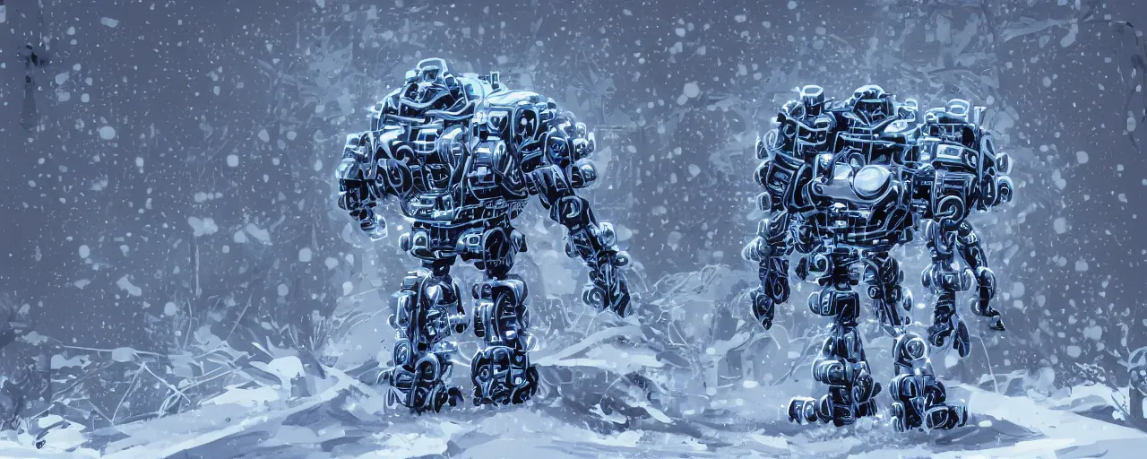 Prompt: cell shaded retro cybernetic symbiosis of a cybernetic mech covered in snow