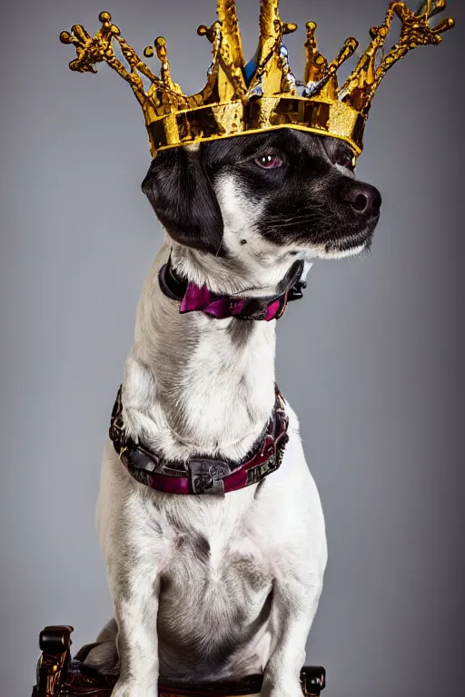 Image similar to a dog sitting on a throne with a crown on its head, professional photography