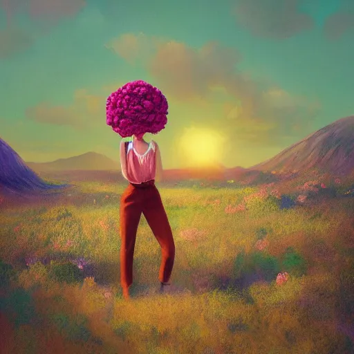 Image similar to giant carnation flower head girl, suit, desert, surreal photography, sunrise, dramatic light, impressionist painting, digital painting, artstation, simon stalenhag