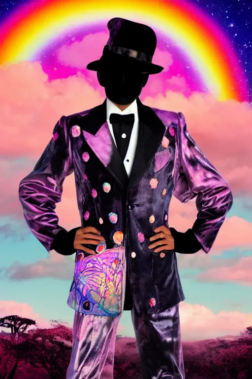 Prompt: Ethereal safari landscape with a pink rainbow sky under a god moonstone, black leather and embroidered Lolita dapper tuxedo in velvet, rich color, dramatic cinematic lighting, featured on Artstation, extremely detailed by Lisa Frank