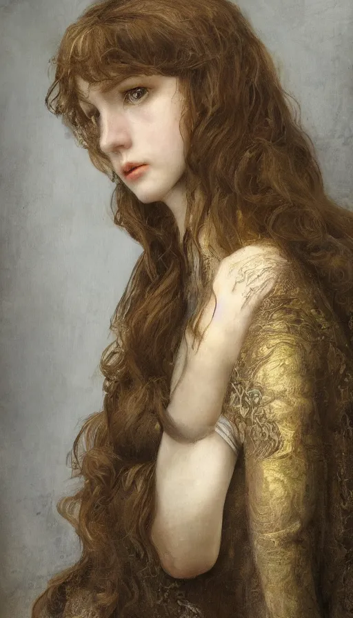 Image similar to An extremely beautiful pre-raphaelite ornate portrait of a beautiful young attractive woman, professionally painted digital art illustration, smooth, sharp focus, atmospheric lighting, highly detailed illustration highlights, golden ratio, extremely detailed winning award masterpiece, 8K post-processing