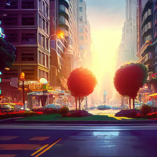 Prompt: an art deco cityscape with flowers lining the street. incredible voluminous indirect soft glow cinematic lighting, hyperdetailed features, movie still, intricate, octane render, unreal engine, crepuscular rays, god rays, by beeple and rhads and donato giancola