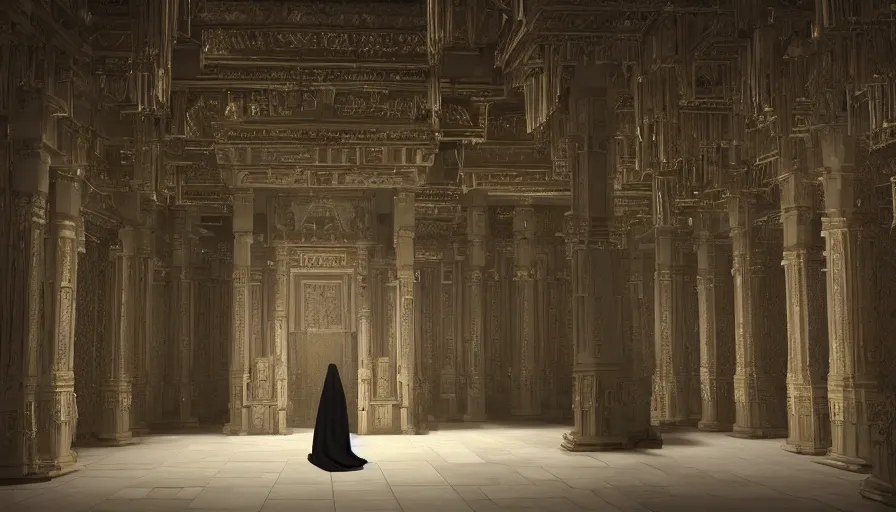 Image similar to An Enigmatic Ritual Performed by hooded figures in a detailed temple with dynamic lights and shadows, Roger Deakins, Cinematic Lighting, highly detailed, 8k