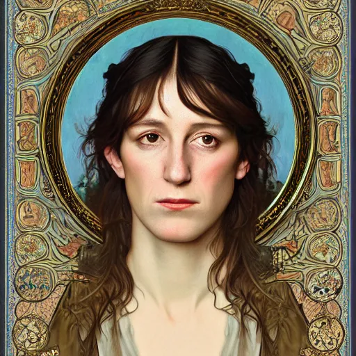 Image similar to portrait of charlotte gainsbourg as joan of arc, hyperreal digital painting, iconography influenced by alphonse mucha and eugene delacroix, arstation and deviantart trends, high resolution 8 k