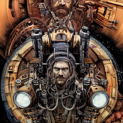 Prompt: A stunning sci-fi portrait of lemmy kilmister as an ironpunk engine king, hyperdetailed mixed media artwork combining the styles of Michael Kaluta and Geof Darrow, wild power, frantic excitement, emotional release, perfectly symmetrical facial features, 8k, deeply detailed, cinematic lighting, with style elements of Gediminas Pranckevicius,Mark Brooks, Rembrandt, james gurney, dan luvisi, Petros Afshar, tim hildebrandt, liam wong, thomas kinkade,ernst haeckel,trending on artstation