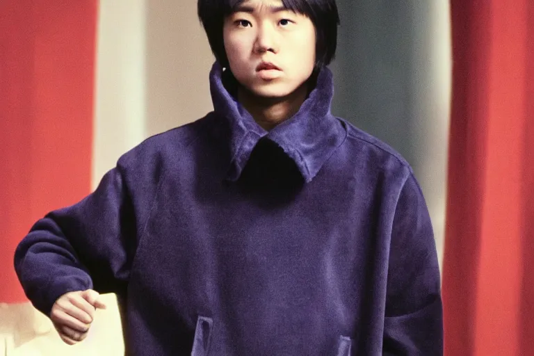 Prompt: an asian teenager with curtain-styled feathered middle part black hair, red turtleneck, blue parka, the sopranos, film still, dramatic lighting,