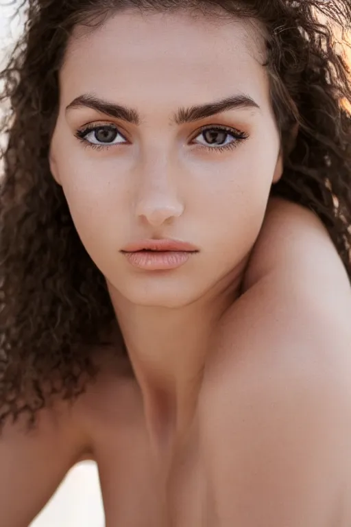 Prompt: olive skinned female model in her twenties, wearing v - neck top, zoomed in, photo realistic, extreme detail skin, natural beauty, no filter, slr, golden hour, 4 k, high definition, selfie