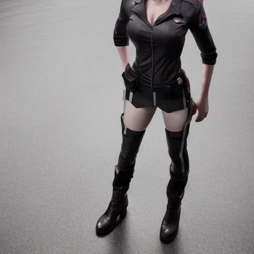 Image similar to miranda lawson standing on concrete floor, full shot picture, full body digital character art, full length portrait, 70mm lense, waist level angle,