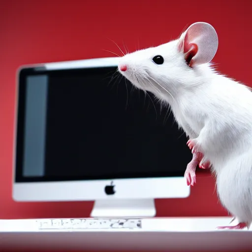 Prompt: three white rodents with red eyes are biting an imac monitor