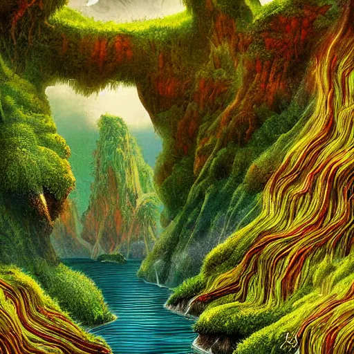 Image similar to digital art of a lush natural scene on an alien planet by dangiuz. beautiful landscape. weird vegetation. cliffs and water.