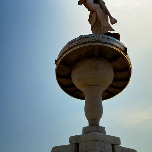 Image similar to tiny greek goddess in steel helmet standing on a giant greek bearded male head, greek temple of olympus glory island, late afternoon light, wispy clouds in a blue sky, by frank lloyd wright and greg rutkowski and ruan jia