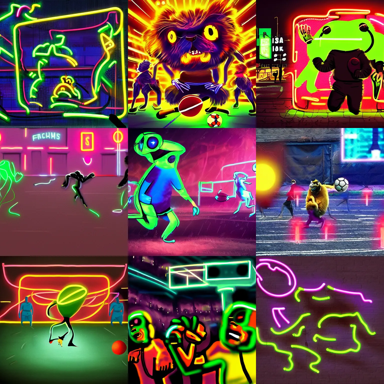 Prompt: strange animals playing football, neon, cyberpunk