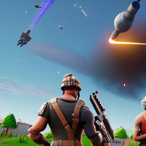 Prompt: multiple fortnite minuteman missile launches in the background, 3 d render, unreal engine 4, high quality