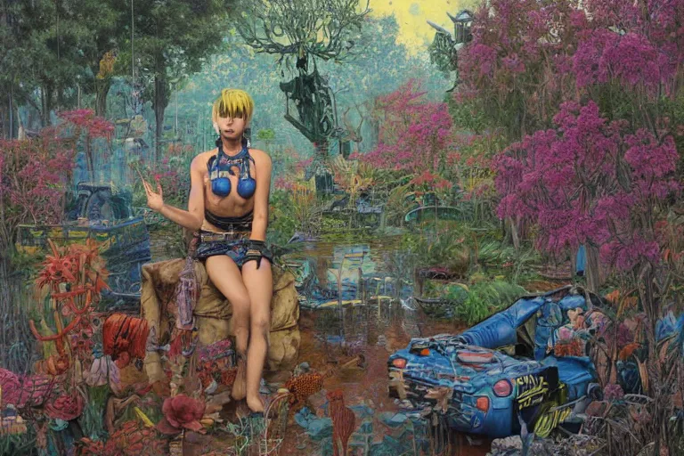 Prompt: oil painting, super - detailed scene tank girl, twilight junkyard, louisiana swamps, indigo blooming flowers garden, 8 k, 8 0 s japanese sci - fi books art, artwork by jean giraud