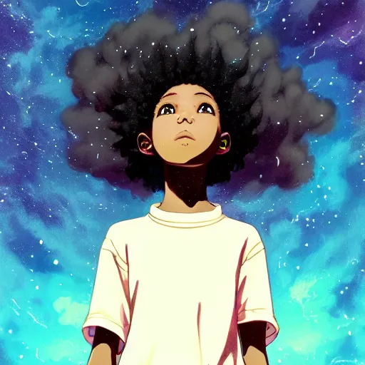 Prompt: ( a young black girl with a nebula afro ), riding on a cloud in a lightning storm, trending on pixiv fanbox, painted by makoto shinkai takashi takeuchi studio ghibli, akihiko yoshida, yoshitaka amano, wangechi mutu, clean cel shaded vector art, retrowave colors, illustration, hd, 8 k