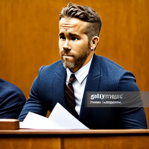 Image similar to news photo of ryan reynolds in courtroom on trial, lawyer sitting beside him, highly detailed, extremely high quality, hd, 4 k, 8 k, professional photographer, 4 0 mp, lifelike, top - rated, award winning, realistic, detailed lighting, detailed shadows, sharp, no blur, edited, corrected, trending