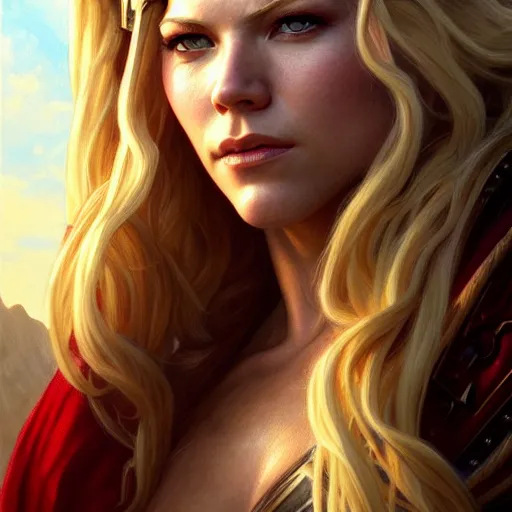 Prompt: beautiful Katheryn Winnick as Lady Thor, western, closeup, D&D, fantasy, intricate, elegant, highly detailed, digital painting, artstation, concept art, matte, sharp focus, illustration, art by Artgerm and Greg Rutkowski and Alphonse Mucha