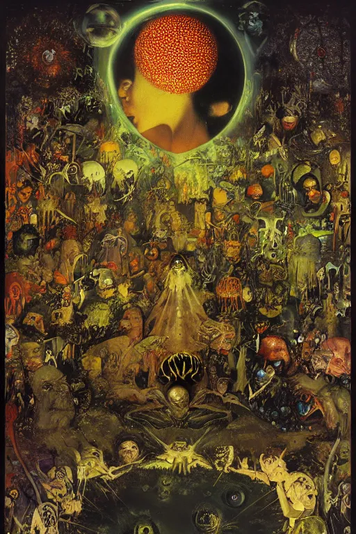 Image similar to one dark figure taming a supercomputer made of nervous system, channeling third eye energy, surrounded by a background of dark cyber mystic garden of earthly delights, midnight hour, painted part by wojciech siudmak, part by ilya repin, part by norman rockwell, part by hype williams, artstation