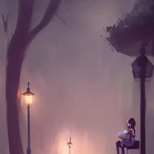 Prompt: a girl working on her laptop, city park, street lighting, dramatic, greg rutkowski, digital painting