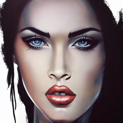 Prompt: “Megan Fox airbrush paintings, ultra detailed portrait, 4k resolution”