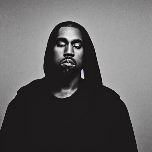 Prompt: a chiaroscuro lighting portrait of kanye west dressed in rick owens clothing, black background, portrait by julia margaret cameron, shallow depth of field, 8 0 mm, f 1. 8