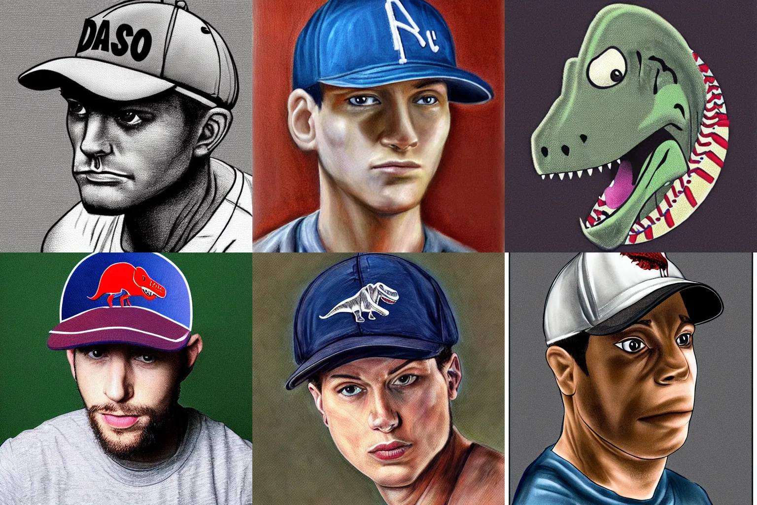 Prompt: a dinosaur!! wearing a baseball cap!!, beautiful, portrait