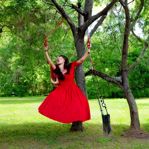 Image similar to girl in red dress swinging on a Madagascar tree swing midday.