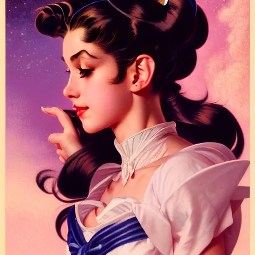 Image similar to head and shoulders Portrait of Sailor Moon, dark fantasy, medium shot, intricate, elegant, highly detailed, digital painting, volumetric light, artstation, concept art, smooth, sharp focus, illustration, art by Gil Elvgren and Greg Rutkowski and Alphonse Mucha