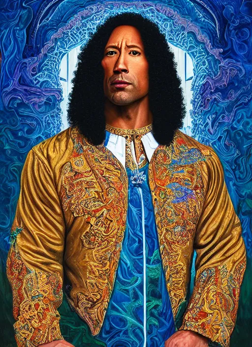 Prompt: beautiful oil painting, portrait of Dwayne the rock Johnson as Louis xiv in coronation robes 1701, Dan Mumford, Dan Mumford, Alex grey, Alex grey, lsd visuals, dmt fractal patterns, entheogen, psychedelic, hallucinogen, highly detailed, ornate, vaporwave