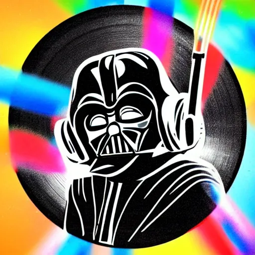 Image similar to svg sticker of a Pop-Wonder Darth-Vader at a rave, spinning records, giant headphones rocking out, wearing headphones, huge speakers, dancing, rave, DJ, spinning records, digital art, amazing composition, rule-of-thirds, award-winning, trending on artstation, featured on deviantart