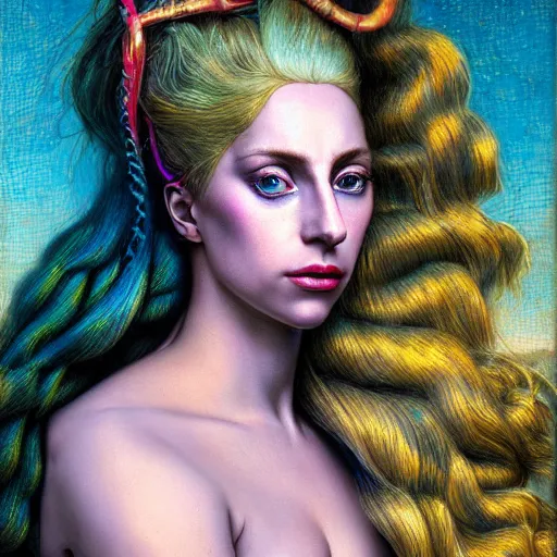 Image similar to photo realistic, hyper realism, lady gaga artpop act ii album, intricate detail, hyper detail, gaston bussiere, sandro botticelli style, with neon aqua rapunzel dreadlocks, detailed, masterpiece, sharp focus,