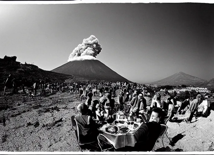 Image similar to old photo of average greeks drink wine and have fun against the backdrop of mount vesuvius starting to erupt by sebastian salgado, fisheye 1 6 mm, diffused backlight