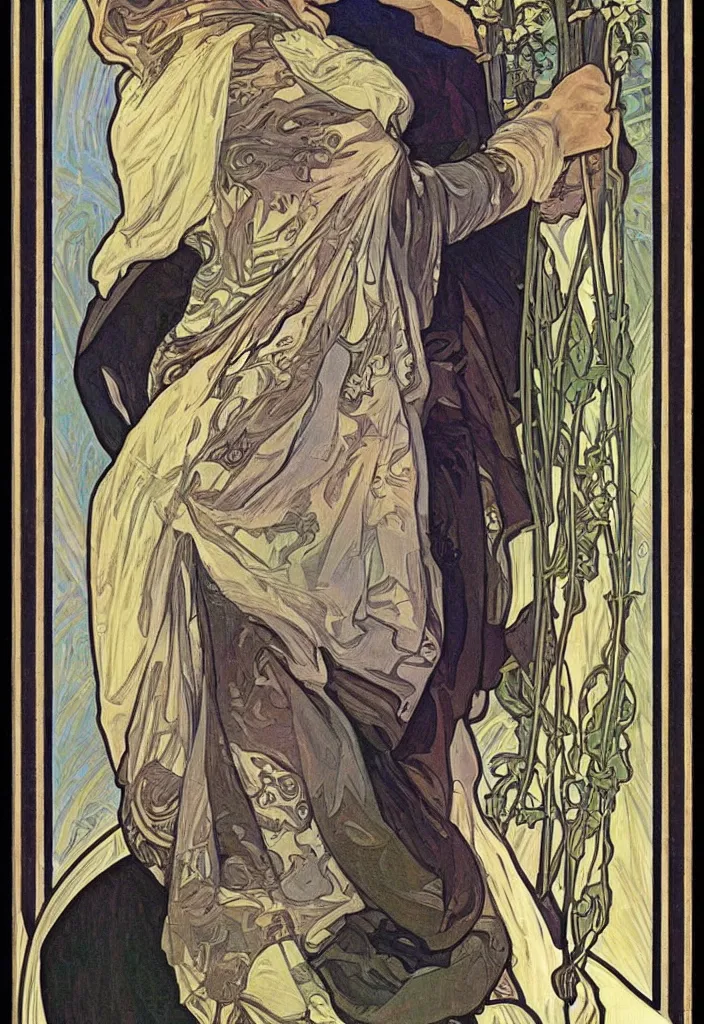 Image similar to realistic white - haired geoffrey hinton on a tarot card, tarot in art style by alphonse mucha